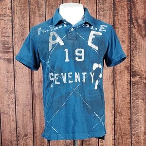 AEO Mens Teal Vintage Fit Eagle Polo With Distressed Letters